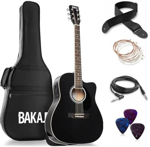 BAKAJI Elektro-Akustikgitarre 41 Zoll mit Tasche, Ersatz-Saiten, Plektren, Kabel für Verstärker und Schultergurt, Folk-Gitarre Cutaway-Form für Erwachsene und Anfänger (schwarz)