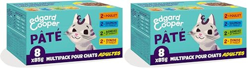 Edgard & Cooper Pâtée pour Chat, Multipack, (Poulet/Saumon/Dinde/Agneau 8 x 85g), pour Chats stérilisés ou Actifs, Viande fraîche avec ingrédients naturels (Lot de 2)