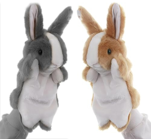 SKIKHN Handpuppe Hase, 2 Stück Handpuppen, Realistischer Tier Handpuppen Spielzeug Set, Spielzeug für Fantasievolles Rollenspiel, Geschichtenerzählen, Puppentheater (Grau + Braun)