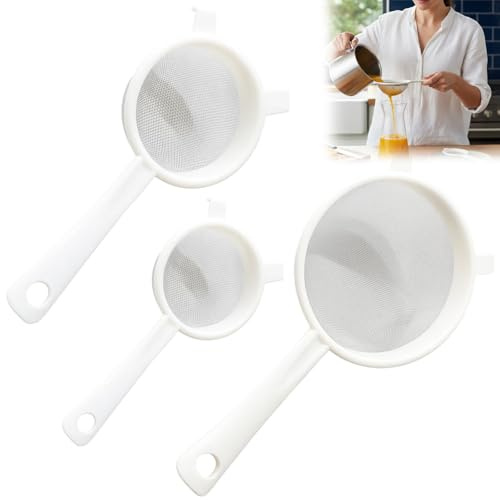 Küchensieb Kunststoff, Kunststoffsieb, Plastik Sieb für Kefir, Feines Sieb für Saft, Weiß Kunststoff Sieb für Tee, Kaffee, Mehl, Drei Größen 17 x 7,5 cm, 20 x 9,5 cm, 26 x 13,5 cm