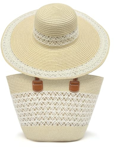 Pahajim Damen Strohtasche und Strohhut 2-teiliges Set, Handtasche Geflochten Strandtasche mit Reißverschluss Stroh Tote Bag für Sommer