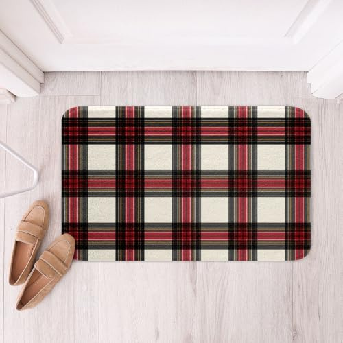 Homemissing Modern Plaid Badematte 40x60cm Geometrisch Badvorleger Anti-Rutsch Retro Plaid Drucken Badezimmerteppich Rot Schwarz Weiß Duschvorleger Duschvorleger