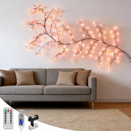 LED Kirschblüten Zweige Lichter, 1.8m 96 LEDs Kirschblüten Wand Deko, LED Sakura Vine Wand Lichterkette, Warmweisser Rattan Lichterkette mit 8 Modi, Wanddekoration für Schlafzimmer, Wohnzimmer, Feiern