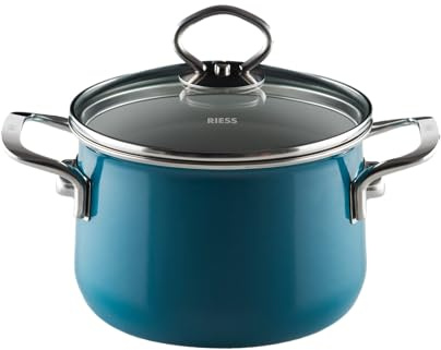 Riess, 0701-010, Topf mit Glasdeckel Ø 16cm, AQUAMARINBLAU, Emaille, Vol. (rec.): 2,0 Liter, Made in Österreich, LBH: 25,3x17,5x11,5cm, 1,620kg, Induktion-, Gas-, Elektroherd geeignet, Spülmaschine