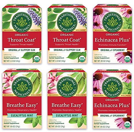 Traditional Medicinals Tea Organic Seasonal Care Variety Pack, Throat Coat, Echinacea, Breathe Easy with Eucalyptus to Support Respiratory Health, 96 Tea Bags, (6 Pack)