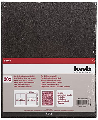 kwb Schleifpapierbogen 230x280 mm aus Korund in den Körnungen 60, 80, 150, 180, guter Verleimung und robustem Papierträger für den groben und mittelfeinen Schliff von Holz und Metall