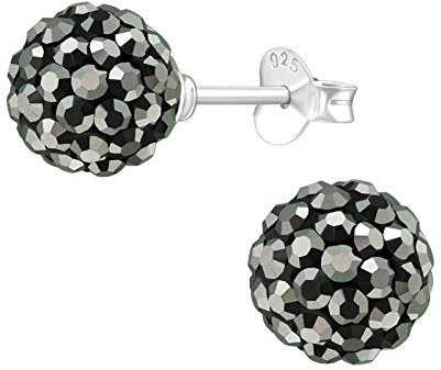 Bungsa Damen Discokugel Ohrstecker 8mm schwarz mit silbernen Kristallen aus .925 Silber - 1 Paar Silber Ohrringe