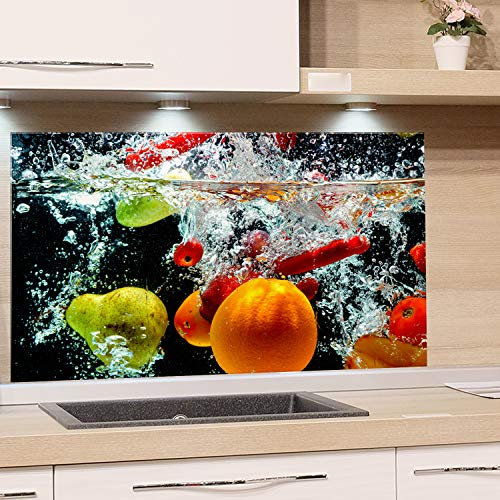 GRAZDesign Spritzschutz Glas für Küche Herd Früchte im Wasser Schwarz Bunt Küchenrückwand Küchenspiegel 4mm ESG 80x50cm