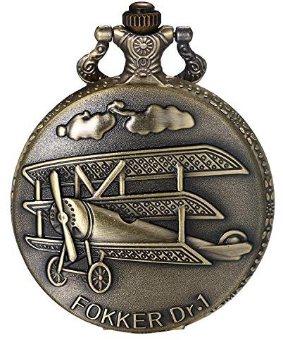 JewelryWe Herren Taschenuhr Retro 3D Flugzeuge Fokker Dr.1 Skulptur Steampunk Quarz Analog Uhr mit Kette Halskette Bronze Geschenk