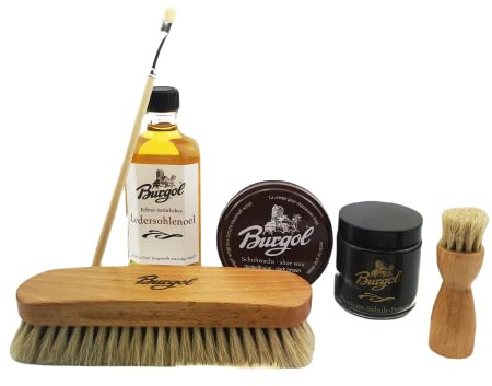 Burgol Schuhpflegeset für rahmengenähte Schuhe Mittelbraun und Cognac mit Burgol- Bürsten- Ledersohlenöl-Pomade und Schuhwachs