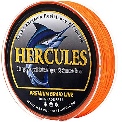HERCULES Farbechte Geflochtene Angelschnur, 1000m PE Geflochtene Schnüre, 8 Stränge Multifile Angelschnur, 70lb Test für Salzwasser und Süßwasser, Orange, 70lb, 1000m