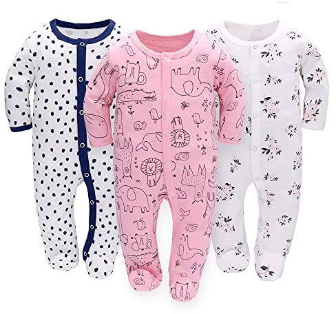 3 pezzi Pagliaccetti Baby Pigiama Cotone Sacco nanna con piedi con bottoni Gr. 56 62 68 per neonate (62, Blumen + Tiere + Edelsteine)