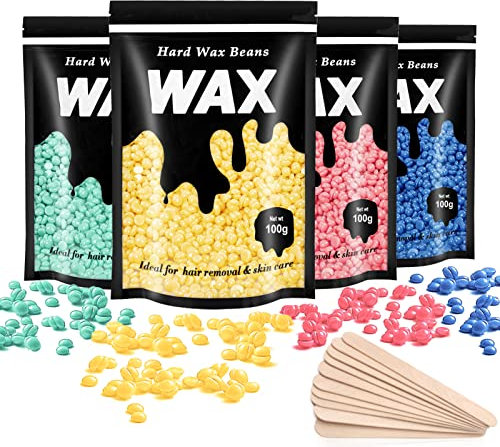 Leaflai Hard Wax Beads, 4 X 100G Painless Wax Beans with 10 Applicators, Wax Beads Hair Removal for Stripless, Full Body, Face, Bikini, Brazilian, Hollywood
