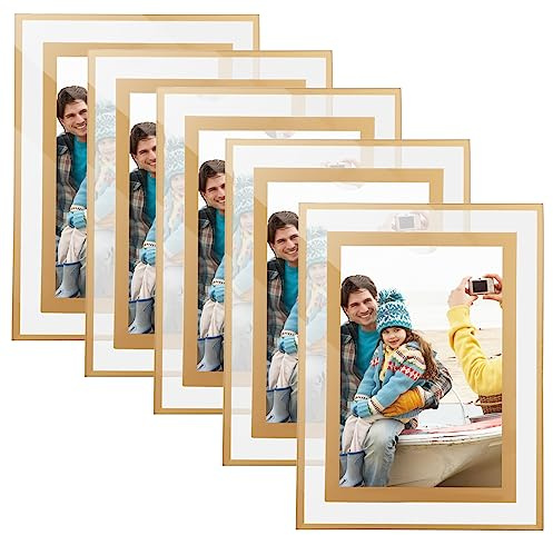 5 Pack 6x4 Inches Glass Photo Frames Mirrored Picture Frames Tabletop Display Portrait Landscape Frames Gifts - Gold