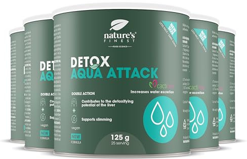 Nature's Finest Detox Aqua Attack Dryckespulver 5 x 125 g | Med Cactinea fikonkaktus, klorella, mjölktistel och kronärtskocka – citronsmak, vegansk, med stevia