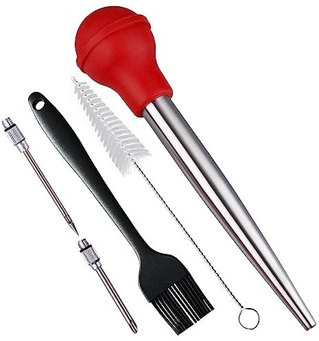 SPUVGVC Turkey Baster, Stainless Steel Turkey Baster with Silicone Bulb, Baster Syringe for Cooking, Baster with Cleaning Brush &BBQ Brush&Marinade Needles, Baster for Home Baking&Kitchen Red