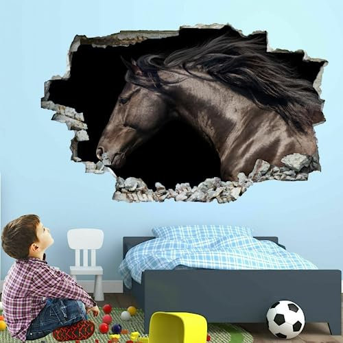 Wandaufkleber, Wandaufkleber, braunes Pferd, Wandtattoo 3D zertrümmert, schwarzer Hintergrund, Wand-Vinyl für Zuhause, Kunst, Dekor, Decke, Wanddekoration, Kinderzimmer, Raumdekoration
