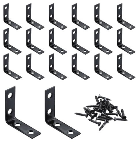 HOME MASTER HARDWARE L Bracket Corner Brace Sets, 1-1/2  Right Angle Bracket, Metal L Brackets for Shelves Wood Furniture Frame with Screws 20 Pack,Black
