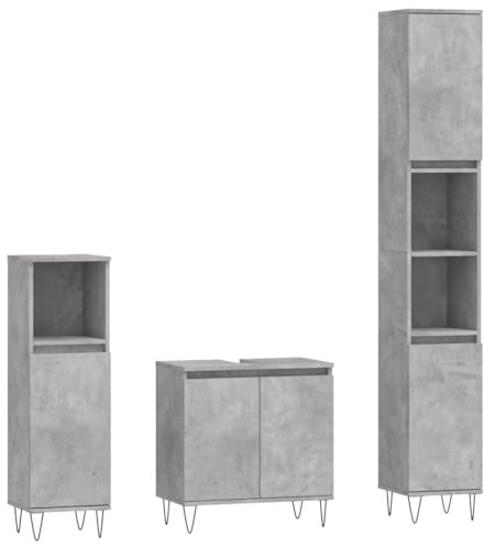 vidaXL Badmöbel Set 3 TLG., Badezimmer Möbel mit viel Stauraum, Badschränke mit Metallfüßen, Waschbeckenschrank Hochschrank Badezimmerschrank, Betongrau Holzwerkstoff