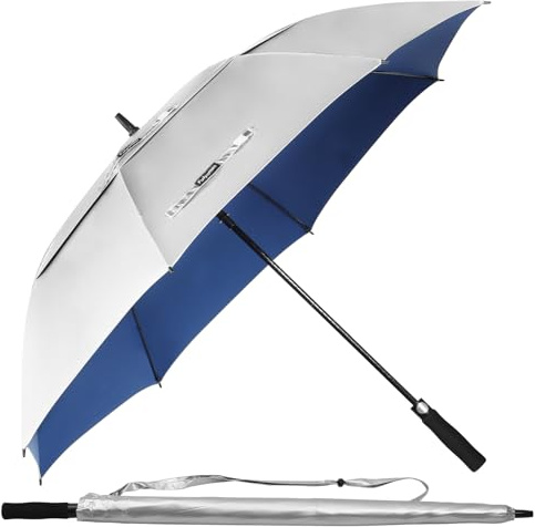 Fulynmen 68/62/54 tum UPF50+ parasoll UV-skydd UV-skydd UV-skydd UV-skydd vindtätt stort golfparaply automatisk öppning och ventilerad dubbel baldakin paraplyer för sol och regn, Silver/blå, 62 Inch