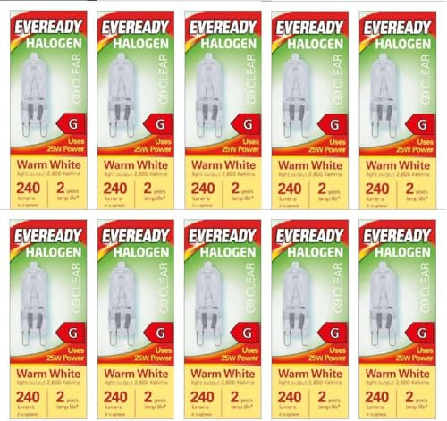 10 x G9 Halogen Light Bulbs 25w EVEREADY Clear, Warm White