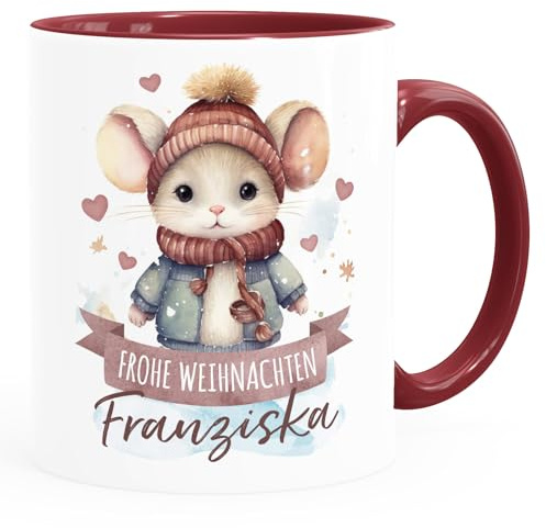 SpecialMe® Kindertasse Weihnachten Tier-Motive personalisiert mit Namen Namenstasse Geschenk für Jungen und Mädchen Weiss-innen-bordeauxrot standard