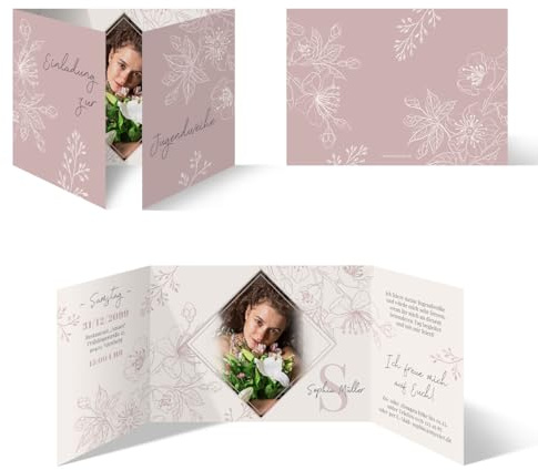 Jugendweihe Einladungskarten Einladungen individuell mit Text und Foto DIN A6 Altarfalz-Klappkarte - Kirschblüten