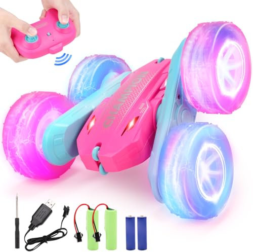 REMOKING Remote Control Car for Kids Girls age 3 4 5 6, 4WD 2.4GHz Race Stunt Car with Wheel Lights,Double Sided 360°Rotation,3 4 5 6 7 8 Year Old Girl Gifts for Birthday Christmas(Pink)