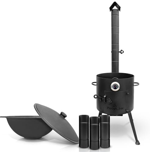 Feuerofen Ø 36 сm mit Thermometer und Schornsteinverlängerung 3 Stk x 25 cm Gusseisen Topf Kazan runder Boden mit Deckel Ø 36,7 cm (10 L) KazanoFF, Учаг, Kazan, Gulaschkanone Dutch Oven (Set 1)