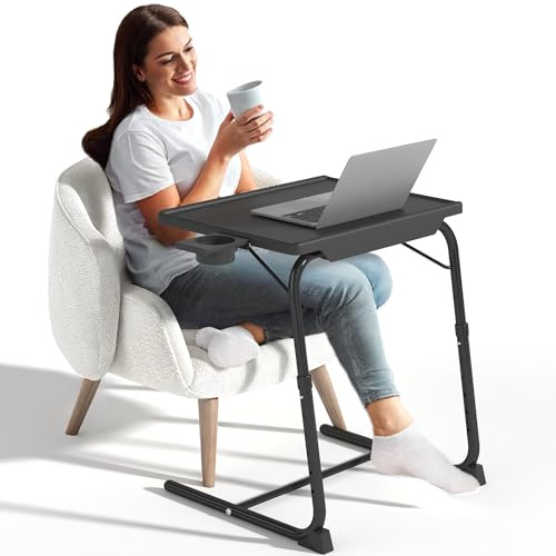 IWDOO TV Tray Table, Adjustable TV Dinner Table for Eating on Couch with Cup Holder, Folding Couch Desk with 6 Height & 3 Tilt Angle Adjustments, Comfortable Laptop Stand for Bed & Sofa, Black