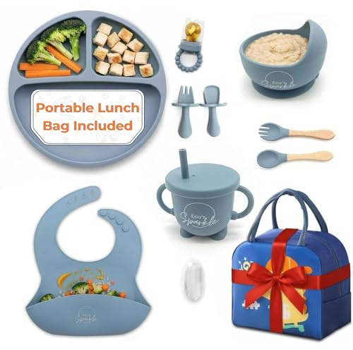 12 Pcs Silicone Baby Weaning Set with Portable Lunch Bag – BPA-Free Strong Suction Divided Plate, Bowl, Sippy Cup, Baby Spoon, Fork, Bib w/Catcher–Microwave & Dishwasher Safe Baby Plates and Bowls Set