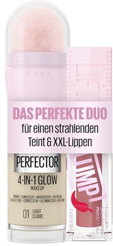 Maybelline New York 4-in-1 Make Up, Concealer, BB Cream, Highlighter, Primer, Instant Perfector Glow 01 Light, 20 ml + Lifter Plump, Lipgloss, sichtbar vergrößerte Lippen, 005 Peach Fever, 5,4 ml