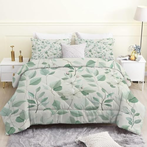 Piumino Letto Matrimoniale 4 Stagioni 220x240 cm, Foglie Floreali Reversibile Piumone Leggero 240x220 cm, Verde Salvia Coperta Trapunta in Microfibra con 2 Federe, Lavabile in Lavatric