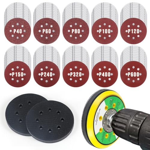 Siumir 100Stück Schleifscheiben Pad, 8Loch Rundschleifscheiben 125mm Klett, mit Schleifteller und Schwammmatten, Schleifscheiben-Set für Holz und Metall (Korngröße40/60/80/100/120/150/240/320/400/600)