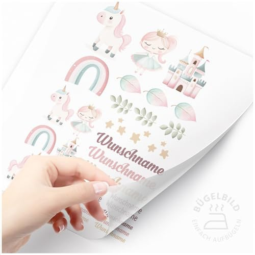 Moonworks® Bügelbilder Set für Kinder Personalisiert Prinzessin Einhorn Wunschname Patches zum Aufbügeln auf Textilien Kleine Motive Set weiß standard