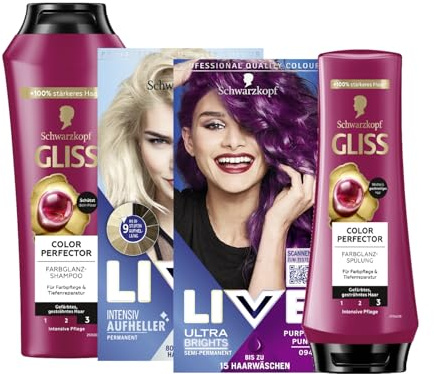 Schwarzkopf LIVE Ultra Brights Semi-Permanent STARTER-SET mit Farbe 094 Purple Punk (142ml) & Aufheller Max Blonde 00B (142ml) Blondierung & GLISS Shampoo (250ml) & Spülung (200ml) Colour Perfector