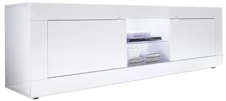 OTELLO - Meuble TV 2 Portes 2 Niches Finition Blanc Laqué Weiss avec Leds