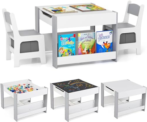 RELAX4LIFE 4 in 1 Tavolino e Sedia per Bambini, Tavolo in Legno con Lavagna Rimovibile, Librerie e Scatola in Tessuto, Salvaspazio per Disegnare, Leggere, Asilo e Cameretta (Grigio)