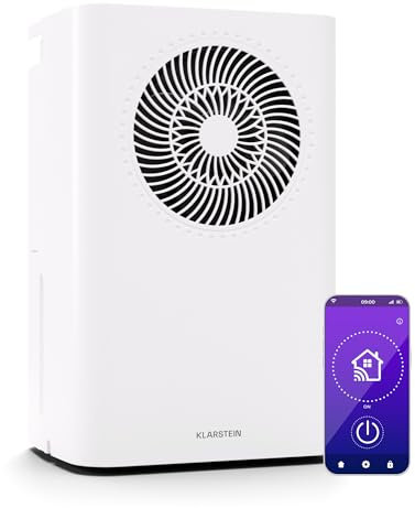 Klarstein CircleDry 12L Deumidificatore Portatile, Wi-Fi App, Silenzioso 38dB, Timer 24h, Drenaggio Continuo, Controllo Umidità, per Casa & Ufficio, Stanze fino a 24m², Bianco