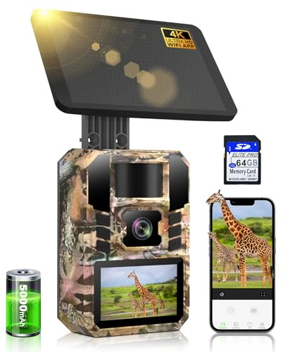 Lutranstra Caméra de chasse solaire 3.Gen 4K/64MP avec application de transfert de téléphone portable, détecteur de mouvement, vision nocturne, temps de déclenchement 0,1 s, caméra infrarouge pour
