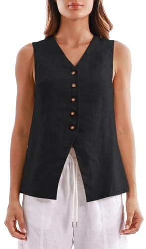 Amazhiyu Gilet de costume en lin pour femme - Gilet court sans manches en lin - Élégant - Col en V - Boutonné - Vintage, Noir , L