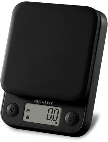 NUTRI FIT Digitale Mini-Küchenwaage aus Kunststoff, 5KG/11lb, Schwarz | 1g/0,1oz tragbare Lebensmittelwaage, Einheiten: g/ml/lb:oz/fl oz, LCD-Display, 2 AAA-Batterien, kompakte Größe 11 x 14,5 cm