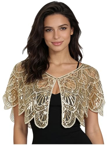 renvena Sequin Cardigan Sweaters for Women Sparkly Open Front Bolero Shrugs Evening Cape Flapper Cover Up Champagne One Size