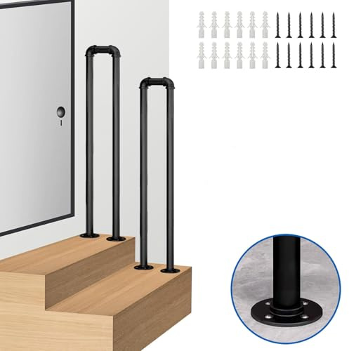 Outdoor Indoor Stair Railing Handrail U Shaped Safety Grab Bar Floor Mounted 90cm (2.9ft) Black Handrail with Installation Kit for Steps & Pickets