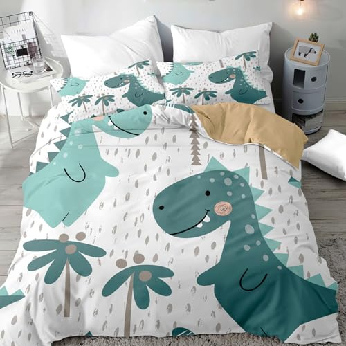 Highdi Set copripiumino singolo con stampa di dinosauri, set di biancheria da letto singolo per bambini con 1 federa, set copripiumino per bambini, 135 x 200 cm