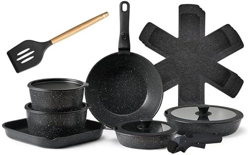 ATEK Non Stick Pots and Pans Set, 17 Piece Kitchen Cookware Set with Detachable Handle, Cooking Pan Set Induction for Gas, Camping, Oven and Dishwasher Safe, PFOA Free (Black)
