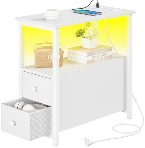Rolanstar Beistelltisch, schmal, mit 2 Schubladen aus Stoff, USB-Anschlüsse und Steckdosen, Nachttisch für kleine Räume, Wohnzimmer, Schlafzimmer, Weiß