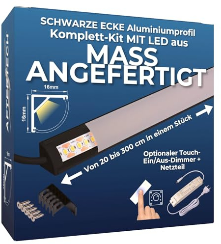 AFTERTECH Barra LED Profilo Alluminio ANGOLARE NERO SU MISURA al centimetro da 20 a 400cm in pezzo UNICO - LUCE POTENTE 19,2w/m 180led/m - PERSONALIZZABILE - MADE IN ITALY - Sottopensile Cucina