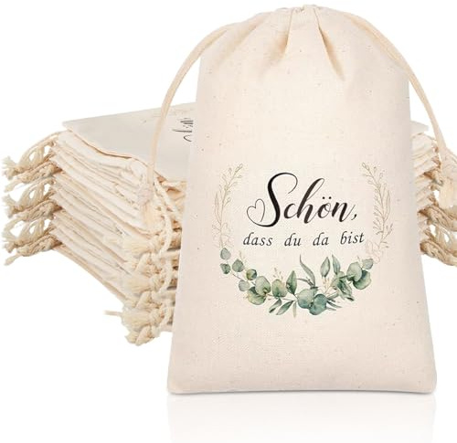Zuziehbeutel Baumwollbeutel 20 Stück 10x15cm, Baumwollsäckchen, Kleine Stoffbeutel, Geschenkbeutel mit Kordelzug, für Geburtstag, Hochzeit, Weihnachten (Schön, dass du da bist)
