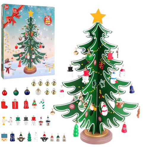 Calendrier de l'Avent 2025 en bois - Mini sapin de Noël de table en bois - Compte à rebours de 24 jours - Décoration de bureau pour filles, garçons, enfants